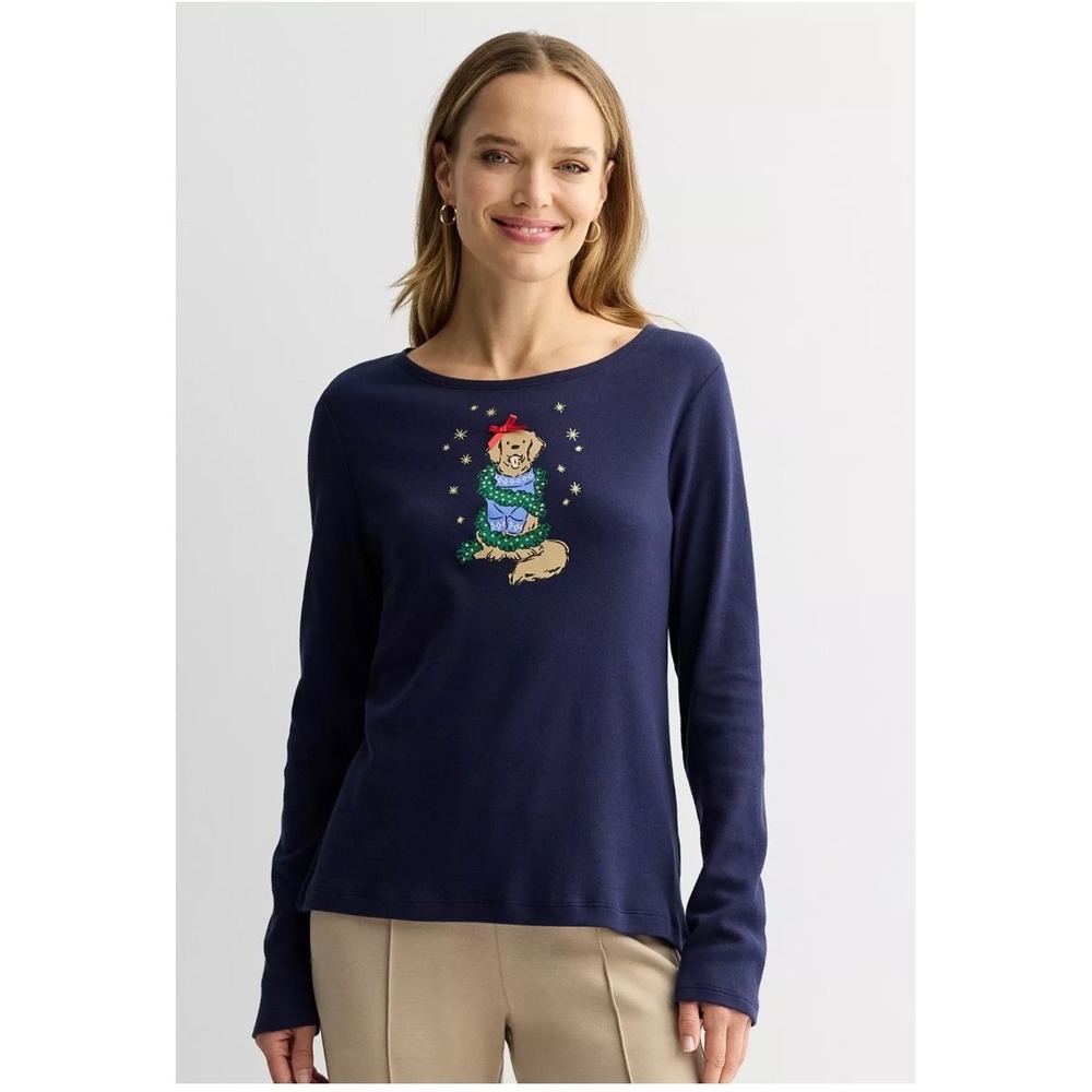 Croft & Barrow Womens Navy Blue Christmas Golden Retriever Long Sleeve Tee L NWT